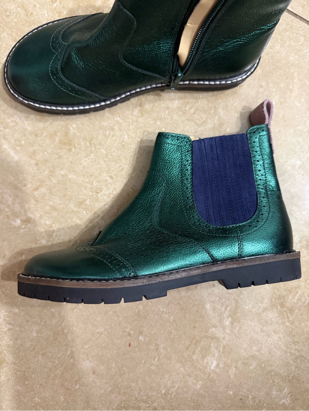 Mini Boden Metallic Emerald Green Chelsea Boots with Navy Elastic